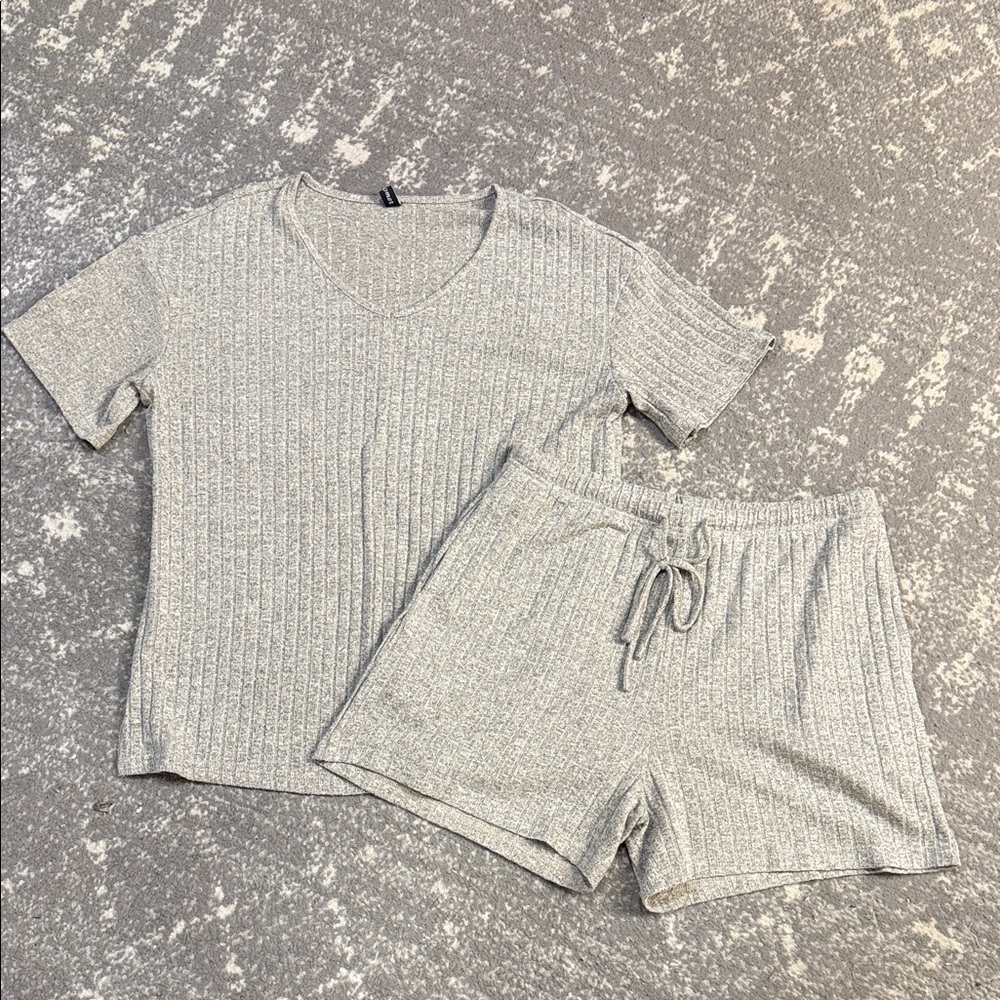 Ribbed V-Neck Short Sleeve Top & Drawstring Shorts Pajama Set - Gray